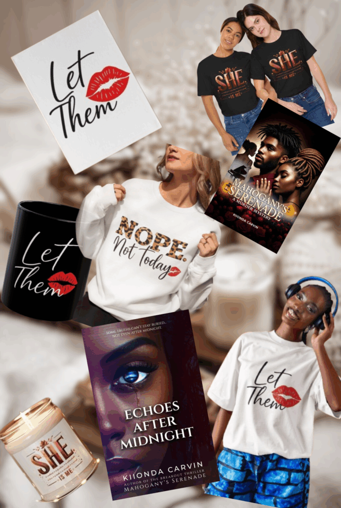 Echoes of Intrigue Collection featuring Mahogany's Serenade and Echoes After Midnight books, "She Is Me" apparel, "Let Them" canvas art, and candles inspired by empowerment and healing.